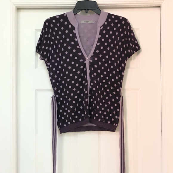 Silkwear Purple Polka Dot Buttoned V-Neck Belted Knit Cardigan Top Blouse - Picture 14 of 16